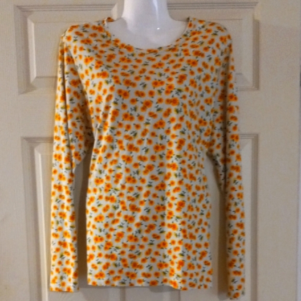 Lands' End Yellow Floral Long Sleeve Blouse